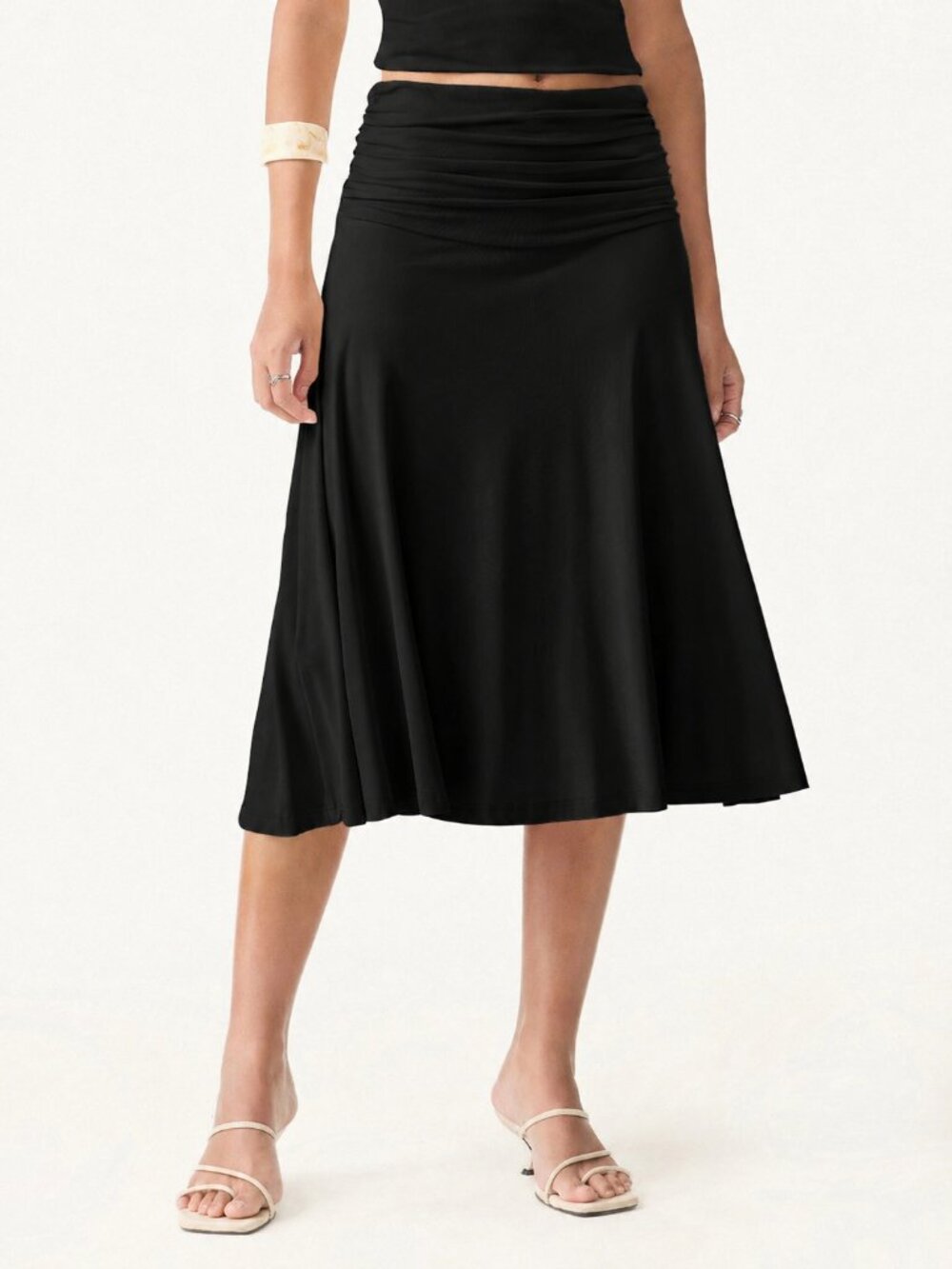 NWT OGL Move Black Eco-SkinKiss® Flowy Side Ruched A-line Midi Skirt S